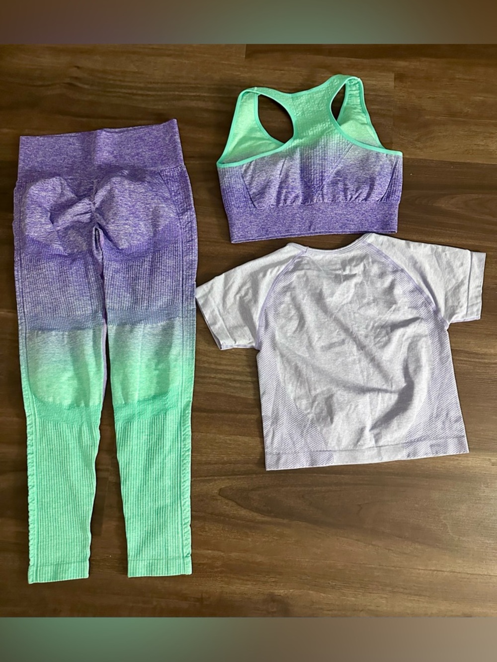 Workout fit. Three piece set, I added the shirt since it matches.